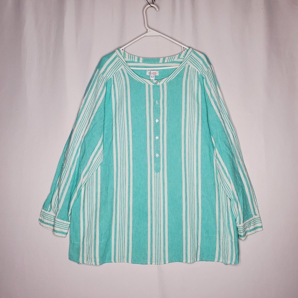 D&Co Top Half Button Top Womens‎ 3X Linen Aqua Stripe Pocket Long Roll Sleeve